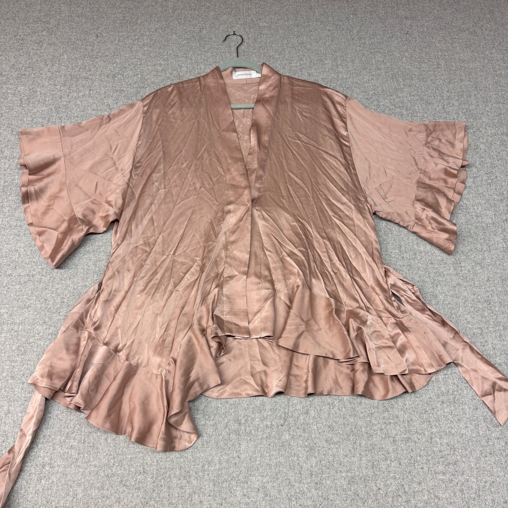 Zimmermann Silk Wrap Top Size 1 Pink Ruffle Bell Sleeve Satin Tie Waist Blouse